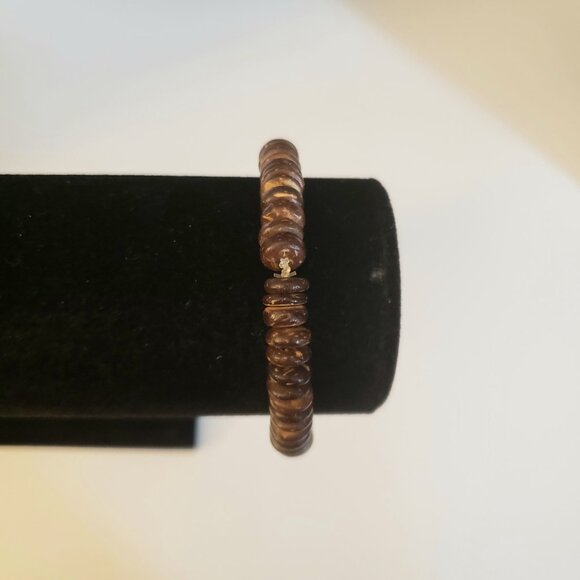 Coconut Shell Bracelet Beaded Elastic Cord Stretchy Brown Tan Beachy - Picture 5 of 5